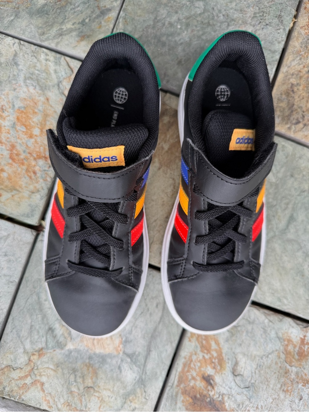 adidas Kids Black Sneakers with Red, Yellow and Blue Stripes